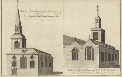 Church of St Mary Abchurch, Abchurch Lane and Church of St Martin Outwich in Threadneedle Street, London by English School