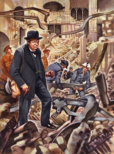 Churchill surveys the damage after a German bomb has destroyed part of the House of Commons by English School