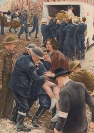 Civil defence rescue squads recovering victims of an air raid from the rubble of their homes during the Blitz, World War II by English School
