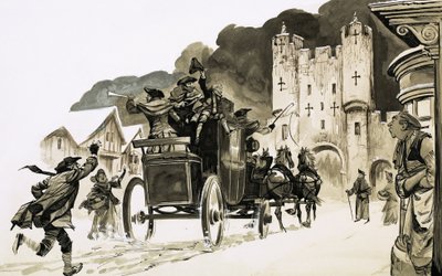 Coach entering a city by English School