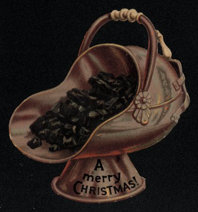 Coal scuttle, Christmas greetings card by English School