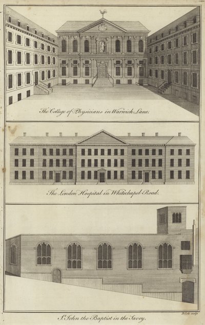 College of Physicians in Warwick Lane, the London Hospital in Whitechapel Road and the Church of St John the Baptist in the Savoy, London by English School