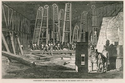 Commencement of Westminster Bridge, the Works by Electric Light by English School