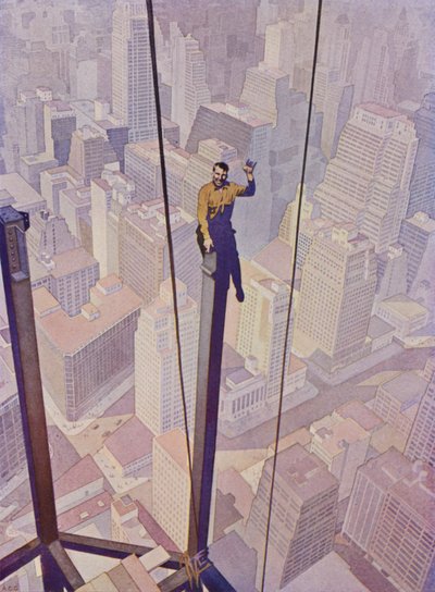 Construction worker on the steel frame of a skyscraper high above the streets of New York City, New York, USA by English School