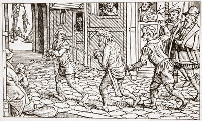Contemporary woodcut showing a vagrant being whipped through the streets of a town by English School