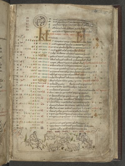 Calendar page for May: Shepherds and flock by English School