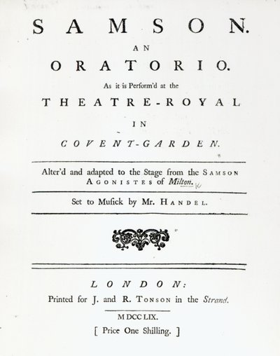 Cover of Sheet Music for Samson, an Oratorio by Handel, published in 1759 by English School
