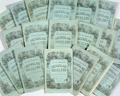 Covers from the Monthly Issues of The Life and Adventures of Nicholas Nickleby by Charles Dickens, published in 1839 by English School