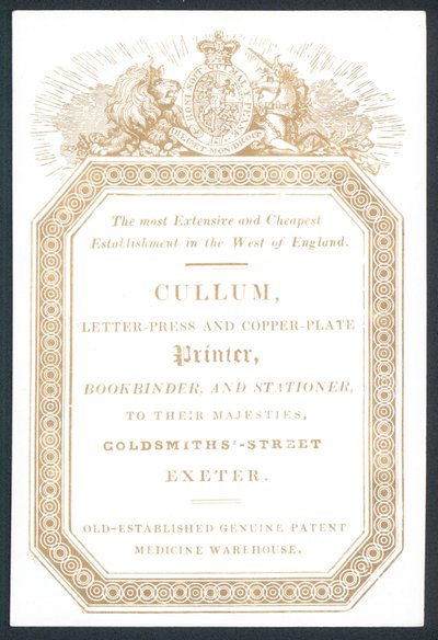 Cullum, Letter-Press and Copper-Plate Printer, Trade Card by English School