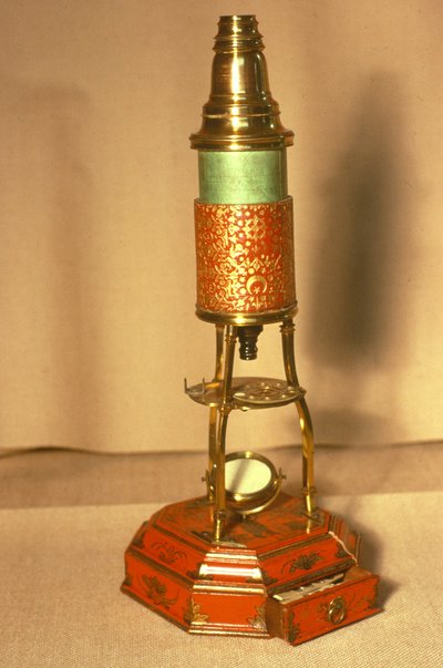 Culpeper-style microscope, with chinoiserie style base and gold-tooled body by English School
