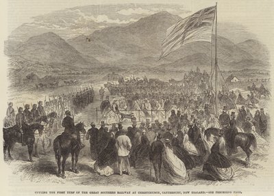 Cutting the First Turf of the Great Southern Railway at Christchurch, Canterbury, New Zealand by English School