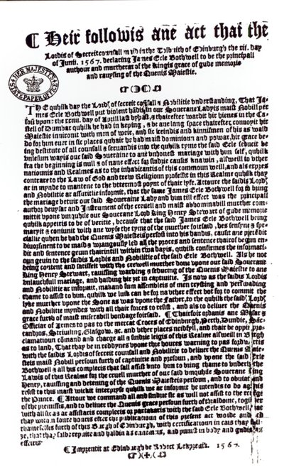 Declaration by Lords indicating the Earl of Bothwell as the murderer of Lord Darnley, 1567 by English School