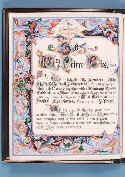 Dedication from an Address Presented by Sheffield Football Association to William Pierce-Dix on the Occasion of his Retirement as Secretary, 1882 by English School