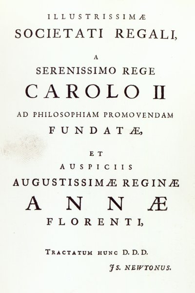Dedication to the Royal Society of the Second Edition of Newton