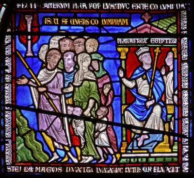 Detail from one of the Bible Windows depicting the pharaoh watching the Israelites by English School