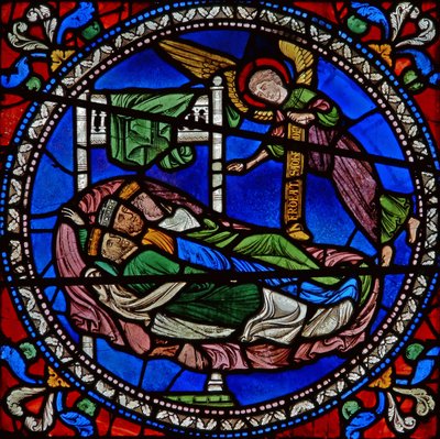 Detail from one of the Bible Windows depicting three Magi kings asleep with an angel by English School