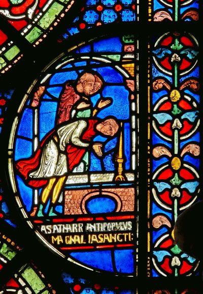 Detail from the Miracle Window depicting Eilward of Westoning giving thanks at the tomb of Thomas Becket by English School