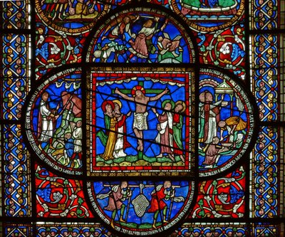 East window of the Trinity Chapel depicting the Crucifixion and four surrounding panels (detail) by English School