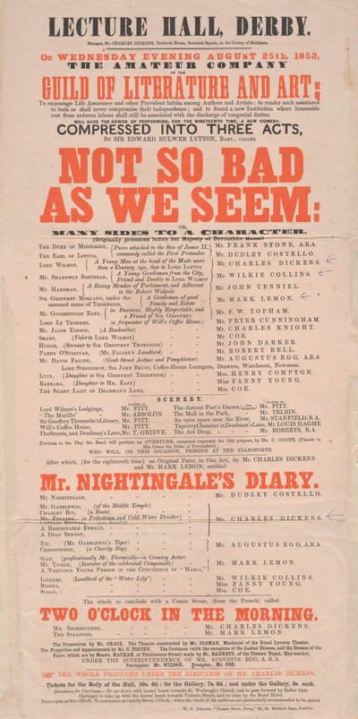 Dickens playbill: Not So Bad As We Seem at Lecture Hall, Derby, programme for August 25, 1852 by English School