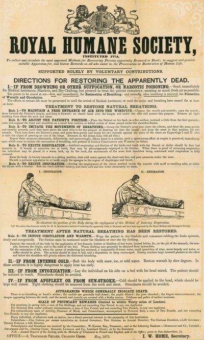 Directions for Restoring the Apparently Dead; Issued by the Royal Humane Society, May 1872 by English School