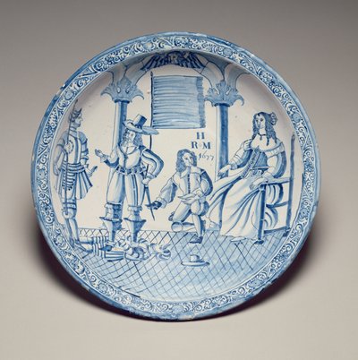 Dish with Queen Catherine seated having a shoe fitted by a kneeling Cavalier by English School