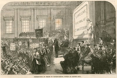 Distribution of Prizes to Ragged-School Pupils at Exeter Hall, Strand, London by English School