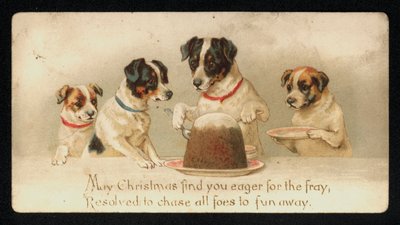 Dogs Serving Up a Christmas Pudding, Greetings Card by English School