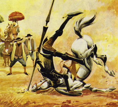 Don Quixote spurred on Ronzinante but the horse fell by English School