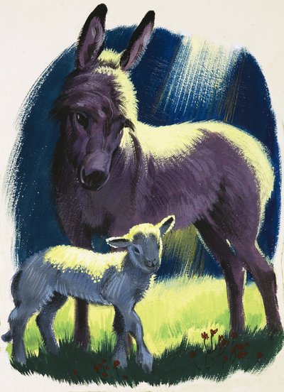 Donkey and lamb by English School