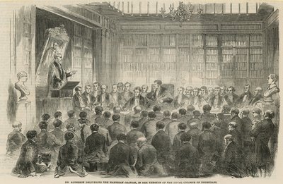 Dr Alderson delivering the Harveian Oration in the theatre of the Royal College of Physicians by English School