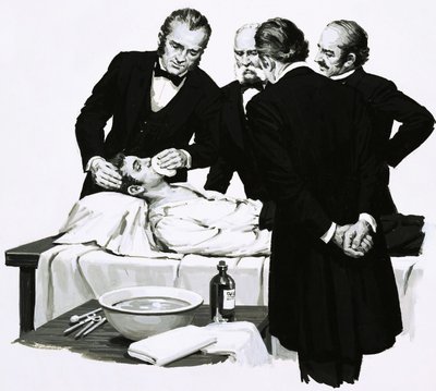 Dr Crawford Long renders a student unconscious before performing an operation by English School