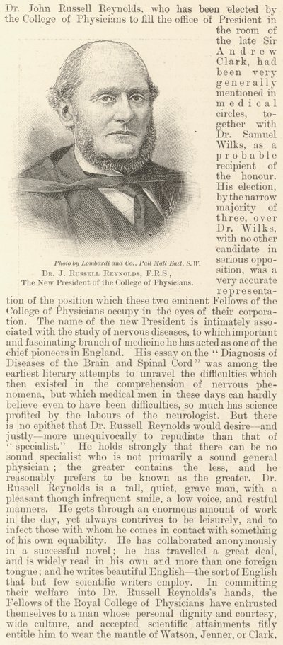 Dr J Russell Reynolds, FRS, the New President of the College of Physicians by English School