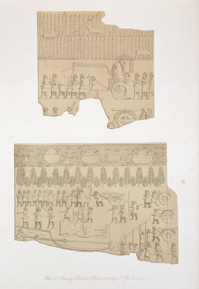 Drawing Bull, and Forest with Stags and Pigs, Koujunjik (plate 12) from Nineveh and its Remains by Austen Henry Layard published 1849 by English School