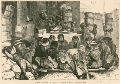 Early morning in Covent Garden Market, London: Shelling peas by English School