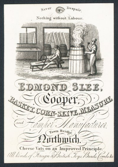 Edmond Slee, cooper, basket, corn sieve, measure and hamper manufacturer, trade card by English School