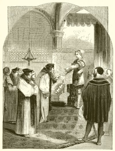 Edward VI Presenting the Warrant for the Execution of Joan Bocher to Archbishop Cranmer by English School