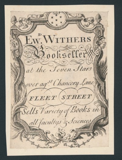 Edward Withers, Bookseller, Chancery Lane, Fleet Street, trade card by English School