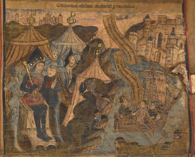 Edward of York, together with the Earls of Salisbury and Warwick set sail for Calais, following the Battle of Ludford Bridge. King Henry VI looks on in triumph, illustration from 