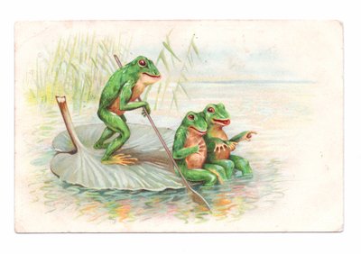 Edwardian Postcard of Two Frogs Sitting on a Water Lily Boat While a Third is Rowing, c.1910 by English School