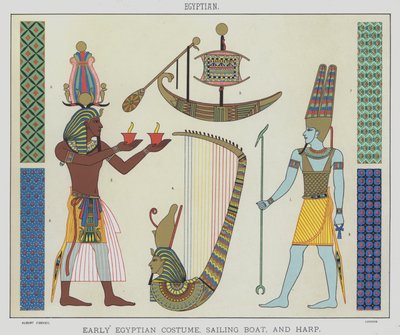 Egyptian, Early Egyptian Costume, Sailing Boat, and Harp by English School