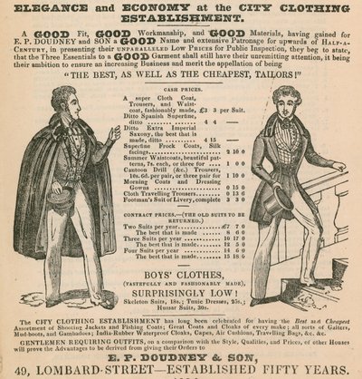 Elegance and economy at the City Clothing Establishment; E P Doudney & Son, 49 Lombard Street, London by English School