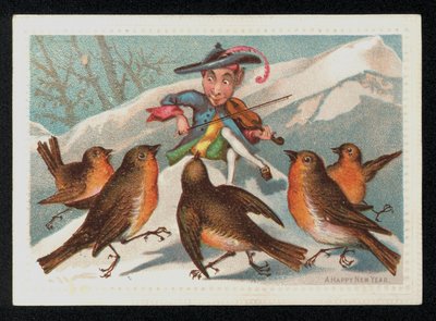 Elf with a Fiddle Entertaining a Group of Robins, New Year