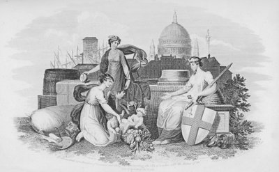 Emblematical representation of Commerce and Plenty presenting the City of London with the Riches of the Four Quarters of the World by English School