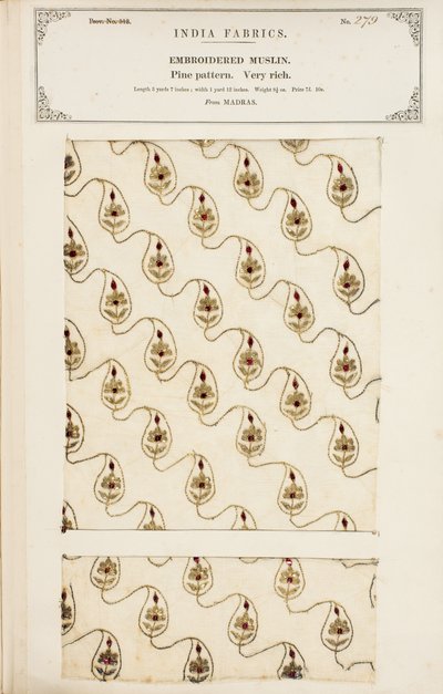 Embroidered muslin sample from Madras, from The Collection of the Textile Manufacturers of India, by John Forbes Watson, published in 1866 by English School