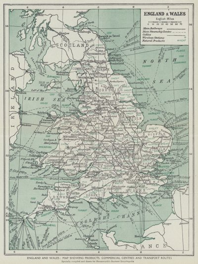 England and Wales, Map Showing Products, Commercial Centres and Transport Routes by English School
