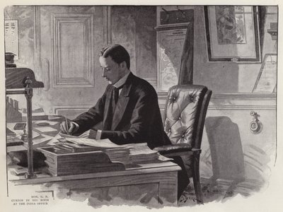 English politician George Curzon at work in his office at the India Office by English School