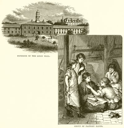 Exterior of the Linen Hall. Group of Factory Hands by English School