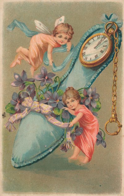 Fairies tying ribbons and flowers around a cushion by English School
