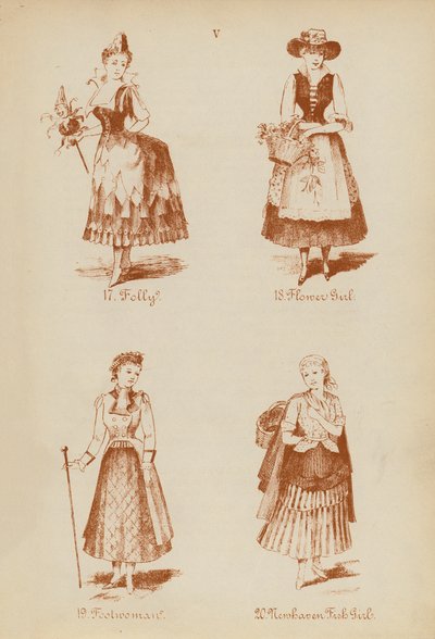 Fancy dress outfits: Folly, Flower Girl, Foolwoman, Newhaven Fish Girl by English School