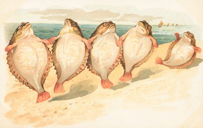 Five Flatfish Dancing on a Beach by English School